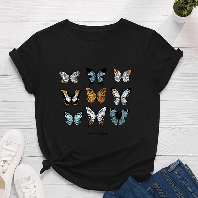 SMihono Hauts pour Femmes Été Décontracté Mode Féminine Décontracté Ample Imprimé Papillon Col Rond T-Shirt Grande Taille