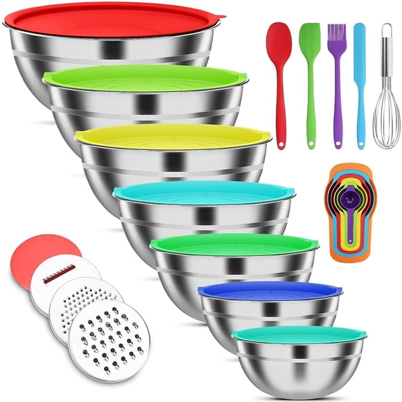 Toytexx 7-Piece Stainless Steel Mixing Bowl Set with Lids, Grater Attachments, and Kitchen Utensils, Nesting Design
