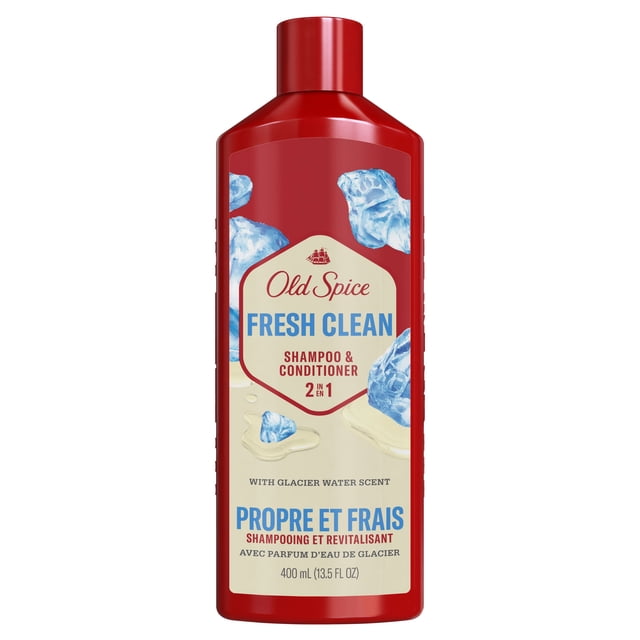 Old Spice Fresh Clean 2-in-1 Shampoo and Conditioner in a red 400 ml bottle with glacier water scent, featuring blue ice graphics and bilingual English-French text highlighting shampoo and conditioner benefits.