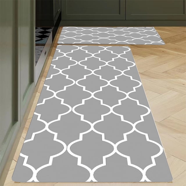 Kitchen Mat, 2pcs Kitchen Rugs set with cushioned, non-slip mats in grey featuring a white geometric pattern. Ideal for kitchen, office, or floor use, these mats are waterproof, stain-resistant, and anti-fatigue, providing ergonomic support and durability. Includes two sizes: 40x60cm and 40x120cm, suitable for laundry rooms or doorways.