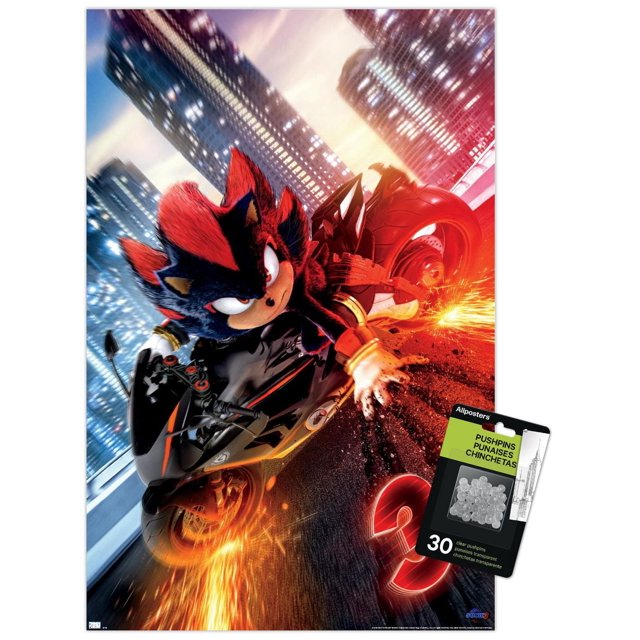 Sonic the Hedgehog 3 - Affiche Murale d'Une Feuille de Moto de l'Ombre, 14,725 Pouces x 22,375 Pouces Encadrée, Représentant Shadow the Hedgehog Chevauchant une Moto Noire et Rouge à Grande Vitesse dans une Rue de Ville la Nuit avec des Étincelles Volant du Pneu Arrière et des Gratte-Ciel Illuminés en Arrière-Plan, Idéale pour Ajouter une art Mural Dynamique aux Chambres, Bureaux Ou Dortoirs.
