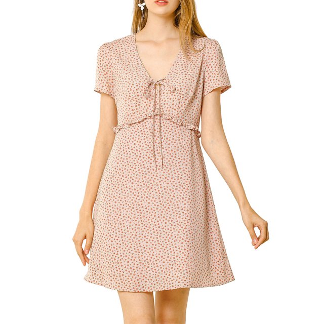 INSPIRE CHIC Robe Trapèze à Fleurs pour Femme, Col en V à Nouer, Manches Courtes, Volants