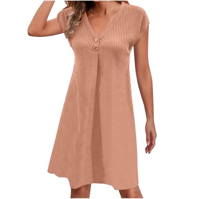 Fshaion Robe d'Été pour Femmes 2024 Grande Taille Col en V Décontractée à Boutons Manches Courtes Mini-Robe Liquidation à Moins de 10!