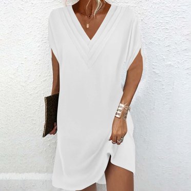 Bonanza de Rabais, Robe à Manches Courtes Unie pour Femme à Col en V Plissé à Manches Chauve-Souris, Robe Plissée, Robe à Col en V, Robe à Manches Courtes Confort en Déplacement/95 % Polyester, 5 % Élasthanne, Blanc