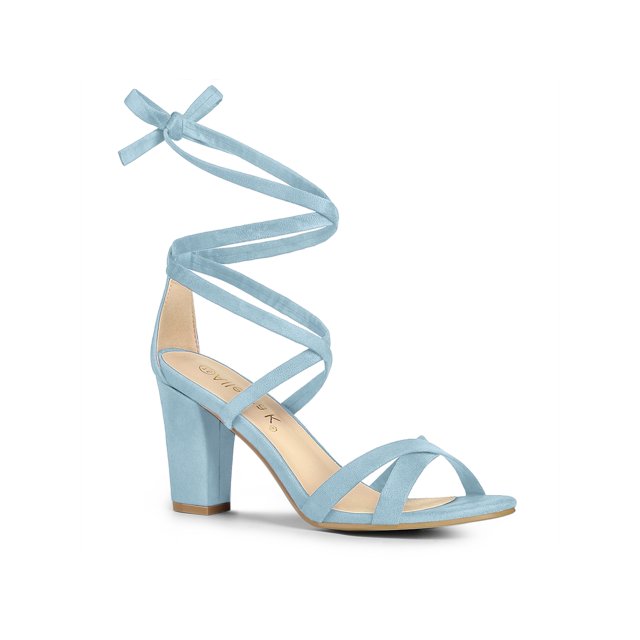 BLISSFUL STEP Women's Open Toe Lace-Up High Block Heeled Sandals Sky Blue (Size 7)