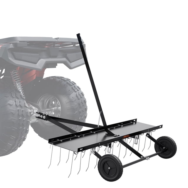 VEVOR Tow Behind Dethatcher, a 48-inch lawn dethatcher with 24 spring steel tines, shown attached to an ATV. The black steel frame features a lift handle for height adjustment, inflatable tires for smooth maneuverability, and a universal hitch for compatibility with various agricultural machines. Ideal for collecting pine needles, straw, leaves, and grass in gardens or farms.