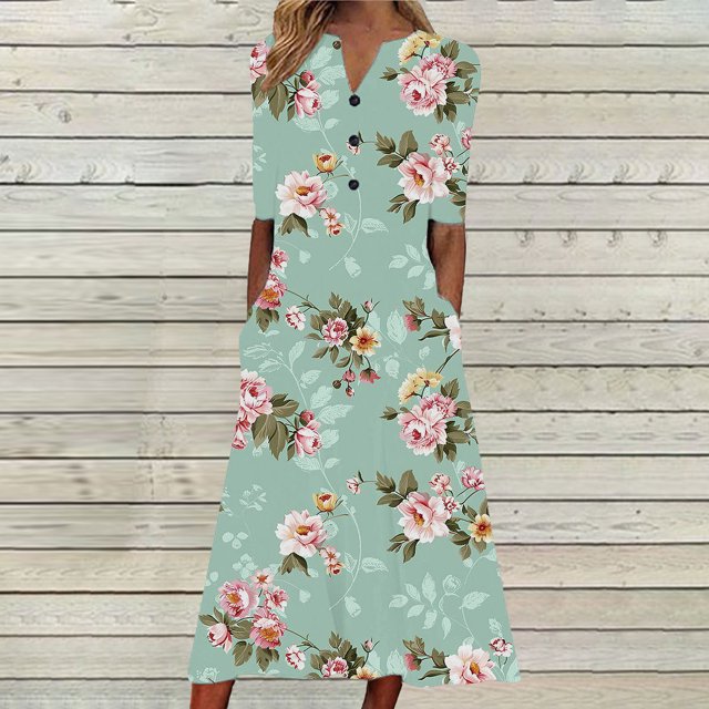 Ovzne Robes pour Femmes Robe d'Été pour Femme Couleur Unie Ample Décontractée à la Mode Imprimée à Manches Courtes à Col en V Robe Mi-Mollet à Manches Courtes à Col en V Robe de Vacances à Manches Courtes Imprimé