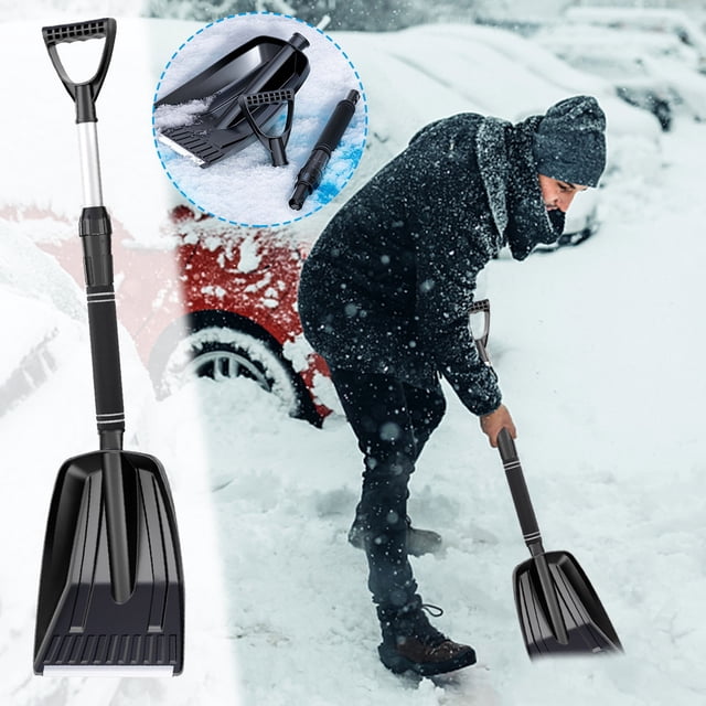 Dvkptbk Mounted Snow Shovel Winter Snow Removal Shovel with detachable installation, shown in a black design with a telescopic aluminum handle and EVA sponge grip. The shovel features a thickened and enlarged ABS plastic blade for efficient snow removal. A person is using the shovel to clear snow near a car, with an inset image highlighting the detachable components for easy storage.