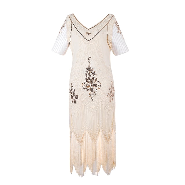 Pisexur Robe à Manches Courtes à Col en V Longueur Genou Femmes Robe à Col en V à Manches Courtes à Paillettes avec Franges Robe de Fête Banquet Danse Robe Courte Robe Femmes Robe