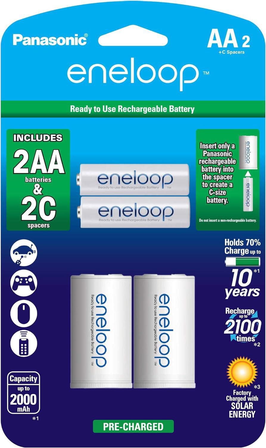 Panasonic Eneloop AA Lot de 2 piles rechargeables pré-chargées Ni-MH avec 2 entretoises « C »