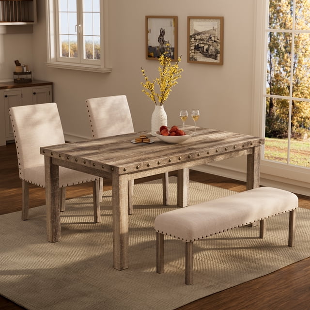 Morden Fort Farmhouse Dining Table Set for 4, Rustic Wooden Kitchen Table with Upholstered Bench&2 Chairs, Country Style Dining Set for Family Gatherings