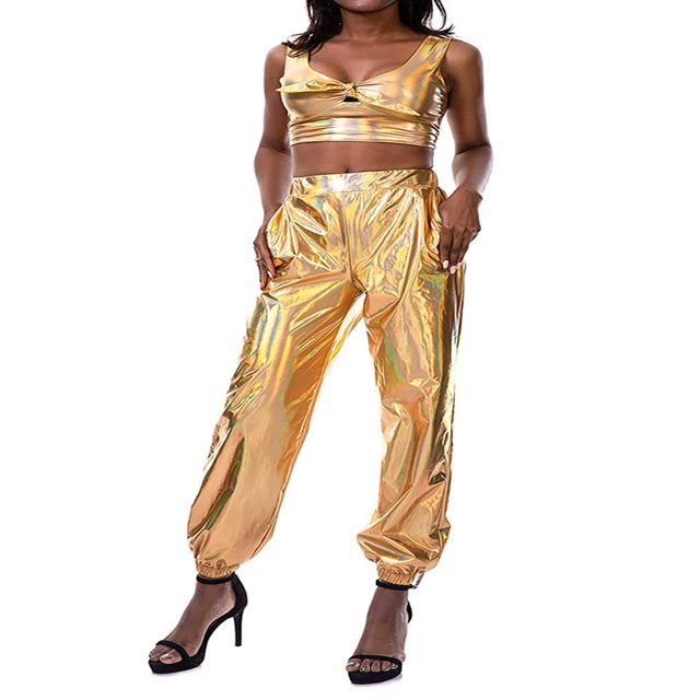 Pantalons de Jogging Réfléchissants Taille Haute Métalliques Extensibles pour Femmes