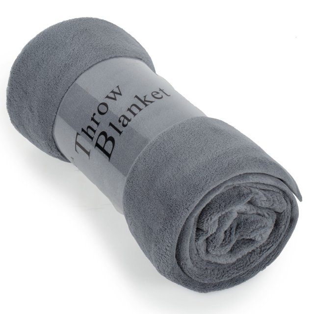 Jin Mai Lan Gray Fleece Plush Throw, 60" x 50", rolled and displayed with its soft, ultra-cozy microfiber material visible. The throw blanket features a velvety texture, anti-pilling design, and easy care properties, including machine washable convenience. Ideal for all-season use, packaged with a label indicating 'Throw Blanket' in bold text.