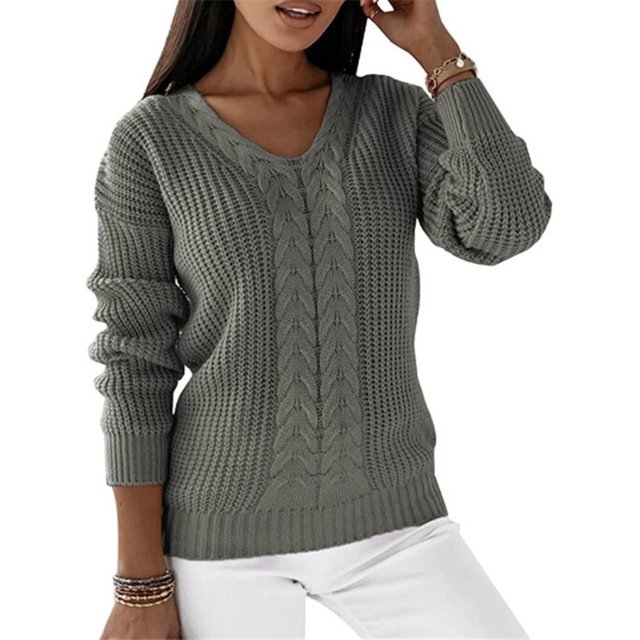 LUXUR Women Chunky Knitted Sweaters Knitwear Chic Pullover Grey M