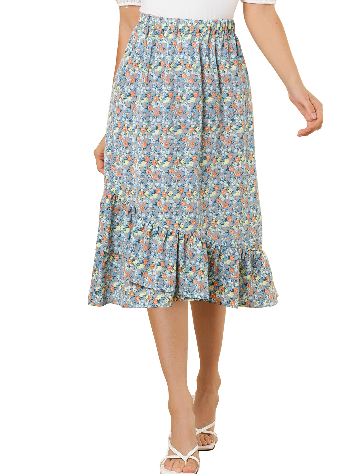 Unique Bargains Women's Floral Elastic Waist Ruffle High Low Hem Skirts