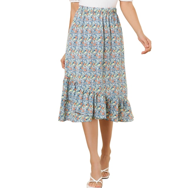 Unique Bargains Women's Floral Elastic Waist Ruffle High Low Hem Skirts