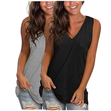 Yuyuzo Camisoles 2 Pcs pour Femmes Col en V Sans Manches Hauts de Sortie Décontractés Fluides Débardeurs d'Été Chemises