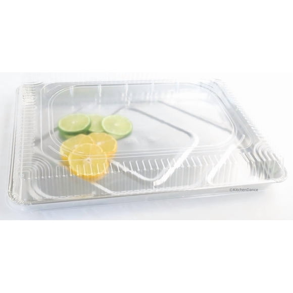KitchenDance Disposable Aluminum Half Size Sheet Cake Pans with Clear Plastic Dome Lid - 17-1/2" x 12-13/16" Aluminum Foil Pans - Baking Pan Perfect for Baking, Freezing, Serving Food, 7300P, 25 Count