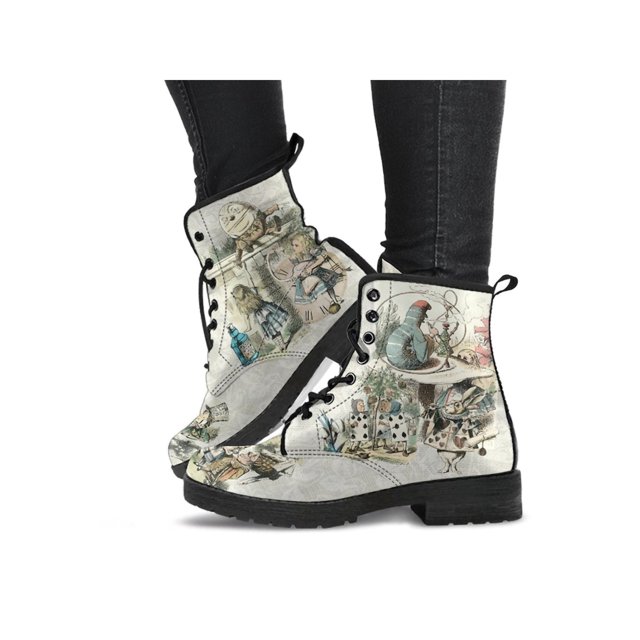 UKAP Women Leather Boot Floral Short Bootie Lace Up Ankle Boots Work Booties Waterproof Beige 7