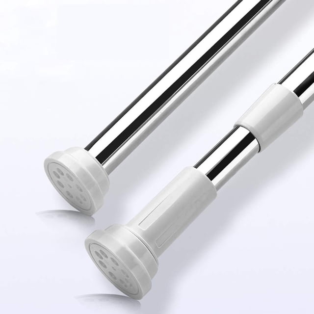 No Drill Curtain Rod, Eco-friendly Packaging Spring Tension Stainless Steel Adjustable Curtain Rods, Rustproof for Kitchen Bathroom Living Room (50-80 Inches) Front-facing view of a spring-tension stainless-steel curtain rod shown within its 50-80 inches range. Telescoping tube with visible seam and matte metal finish. Rubberized end caps pressed against a white window frame, shown without curtains in a neutral bathroom window. Often used as a temporary shower-liner or lightweight room-divider support.