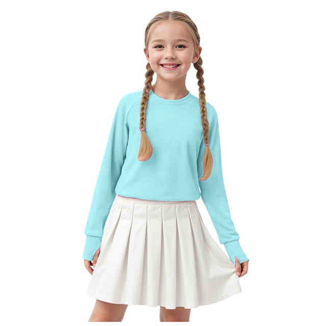 Curenmufel T-Shirt de Compression pour Filles T-Shirt à Col Rond pour Fille Manches Longues Coupe Ajustée Hauts de Fête Taille 11-12 (Bleu, 11-12 Ans)