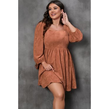 FOLUNSI Chestnut Suede Mini Dress, Square Neck, Plus Size - Stylish Fit