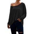 thumbnail image 3 of Women Round Neck Asymmetrical Hem Solid Color Long Sleeve Loose Tee Shirt, 3 of 5