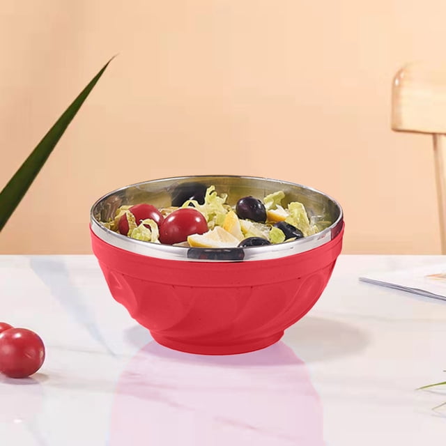 Bol Isolé en Acier Inoxydable à Double Couche / Bol Durable pour Soupe Riz Salade / Sécuritaire pour les Aliments Nettoyage Facile / Extérieur en PP Coloré / 16,2x8,5 cm / Rétention de Température / 1 Pce Cuisine Salle à Manger