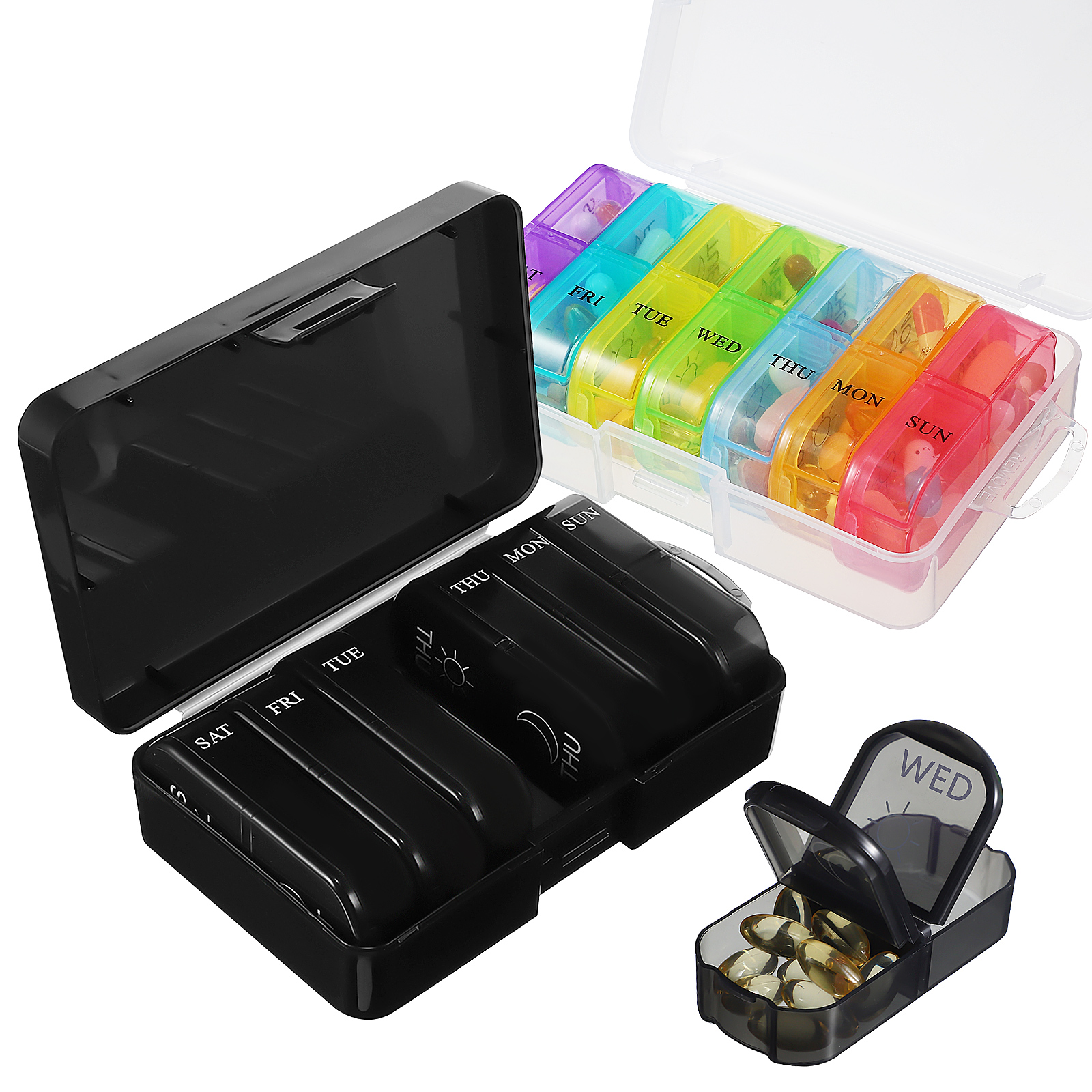 2 Pcs Pill Organizer Weekly Travel Pill Box Compartment Pill Organizer Portable 7 Day Pill Case