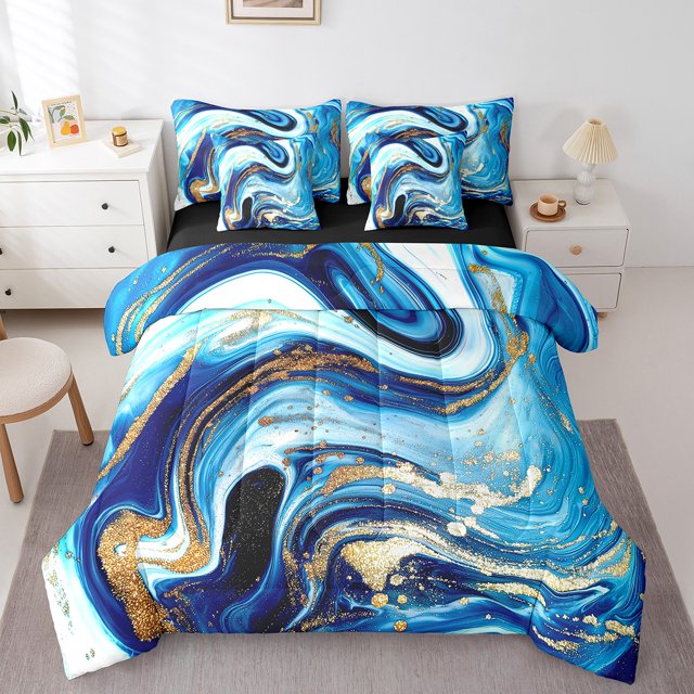 YST Teal Marble Comforter Set, 7-Piece, Watercolor Abstract, King