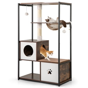 Costway 52" Grand arbre de chat en bois avec cadre en métal 2 Condos Sisal Scratching Posts