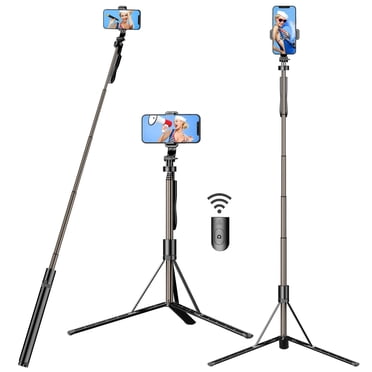 60" Cell Phone Selfie Stick Tripod Stand All-in-1 with Integrated Wireless for iPhone Samsung and Smartphone Black