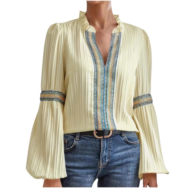 Timegard Hauts pour Femmes en Dentelle à Volants Col en V Manches Longues Travail Chic Décontracté Hauts Amples Blouse Mode d'Automne
