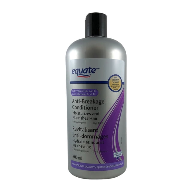 Equate Revitalisant Anti-Casse 900 ml dans une Bouteille en Plastique Argentée avec Bouchon à Rabat Noir, Doté d'Une Étiquette Violette et Blanche Qui Met en Valeur Sa Formule Hydratante, Nourrissante, Hypoallergénique et Sans Colorant Enrichie de Vitamines B3 et B7 pour Protéger les Cheveux Sujets à la Casse et Soutenir une Gestion des Cheveux Facile.