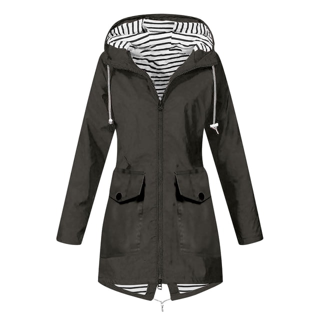 Pisexur Manteaux d'Hiver pour Femmes Imperméables pour la Randonnée en Plein Air, Imperméable Léger à Capuche en Noir Uni avec Doublure en Coton à Rayures. Comprend Manches Longues, Fermeture Éclair avant, Taille à Cordon et Deux Poches avant. Fait de Tissu en polyester, Coupe-Vent, Respirant et à Séchage Rapide, Idéal pour la Randonnée, le camping, les Voyages et les Activités de Plein Air Décontractées. Convient Aussi comme Trench-Coat pour les Saisons d'Hiver et de Printemps.