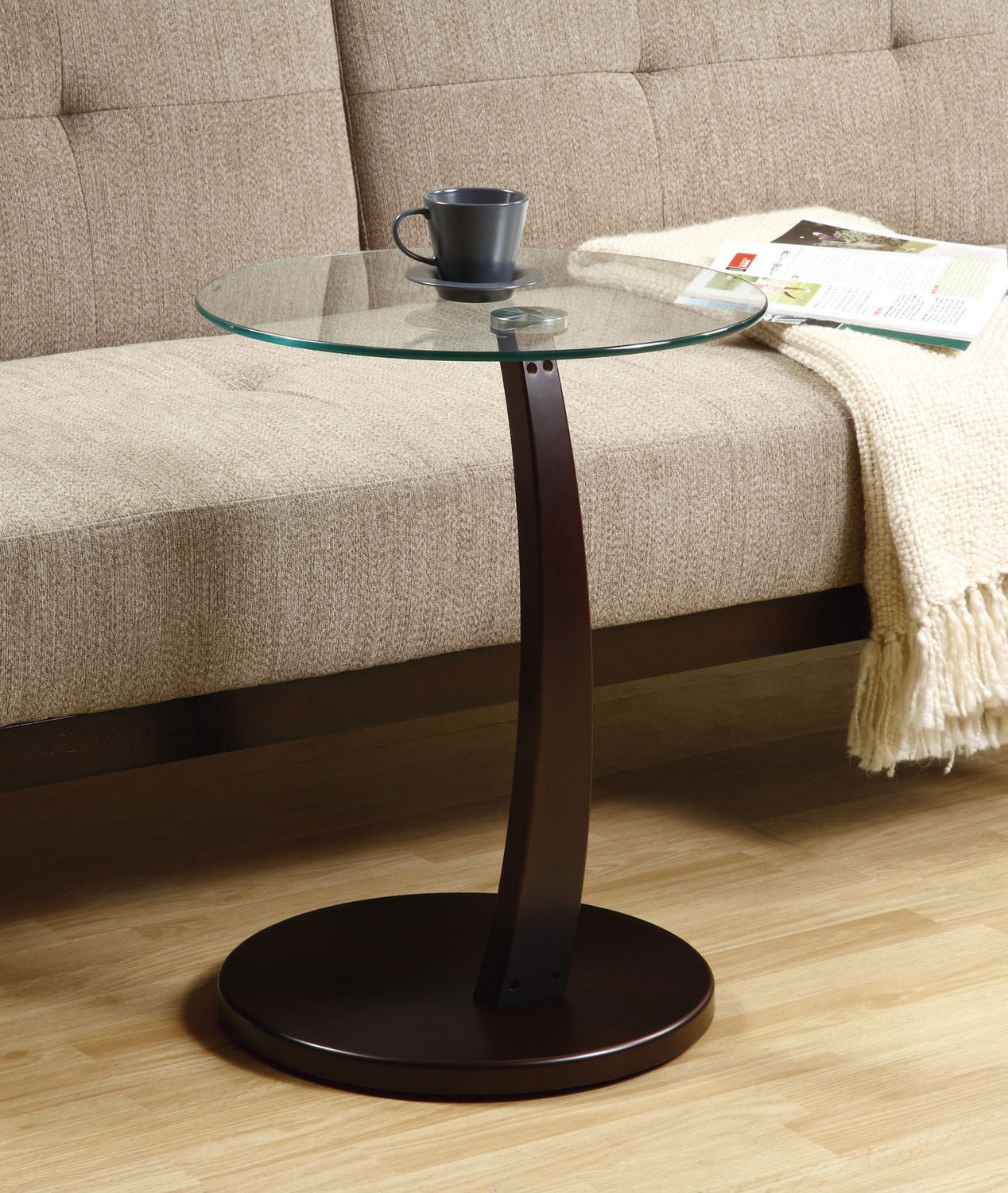 Monarch Specialties Table D'appoint, En Forme De C, Bout, Côté, Collation, Salon, Chambre À Coucher, Stratifié, Verre Trempé, Brun, Dégager, Contemporain, Moderne