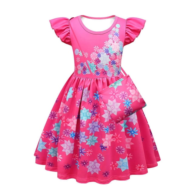 Encanto Mirabel Robe Fille Isabella à Imprimé Manches Volantées Robe Décontractée et Sac. Cette Robe Rose Présente un Motif floral vibrant avec des Nuances de Bleu, Violet et Blanc, Complété par des Manches Volantées et une Encolure Ronde. Fabriquée en polyester 100 %, le Tissu Est Doux, Ne Démange Pas et Confortable pour les Enfants. la Robe Est Livrée avec un Sac Assorti dans le Même Imprimé floral, la Rendant Adaptée au Port Quotidien Ou aux occasions Spéciales comme les Fêtes d'Anniversaire, Noël Ou les performances sur Scène.