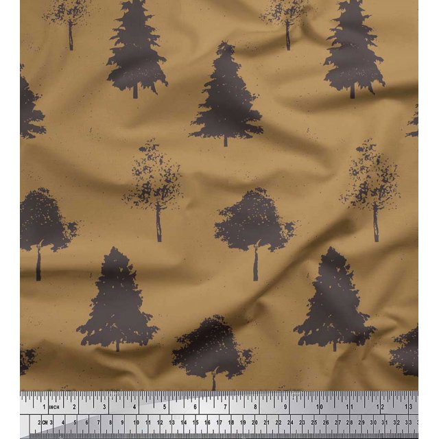 Soimoi Brown Rayon Crepe Fabric Stencil Tree Fabric Prints By Yard 46 Inch Wide
