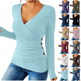 thumbnail image 1 of QATAINLAV Blue Lightweight Sweater for Women Casual Deep V Neck Long Sleeve Tops Ribbed Knit Button Cross Wrap Pullover, 1 of 8