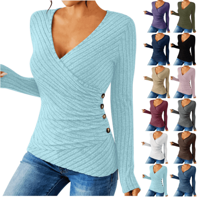 QATAINLAV Blue Lightweight Sweater for Women Casual Deep V Neck Long Sleeve Tops Ribbed Knit Button Cross Wrap Pullover