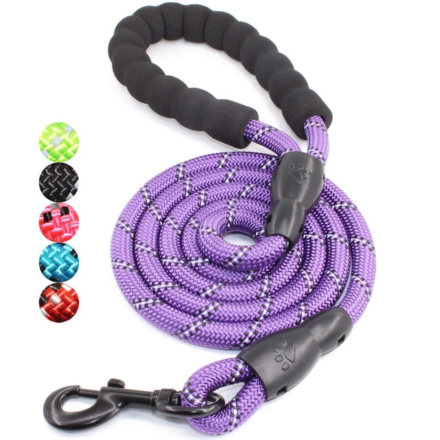 Strong Dog Rope Leash Large by Freedo, made with durable 1/2-inch diameter rock climbing rope in purple with reflective threads for night safety. Features a padded handle for comfort and a sturdy clip hook for secure attachment. Suitable as a basic dog leash for walking, running, or training dogs of various sizes.