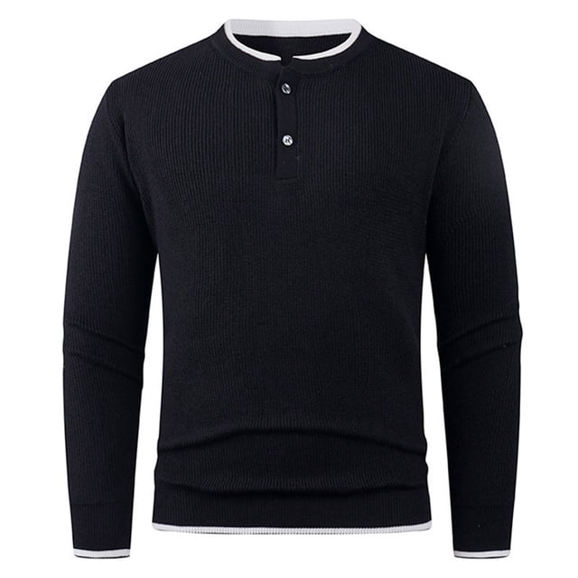 RXMEKW Elastic Knit Sweater For Men Solid Color Round-Neck Long Sleeve Pullover For Casual Wear Polyester Black L