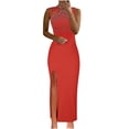 thumbnail image 1 of Robes Rouges pour Femmes Couleur Unie Sans Manches Robe Douce Grande Taille Col Rond Coupe Ajustée Tendance Cocktail Formelle Robe de Bal Maxi Mode Élégante Portefeuille Fendue Blouse Froncée Ourlet Droit Robe,TG, 1 of 7