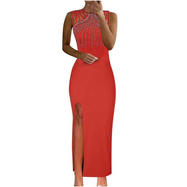 Robes Rouges pour Femmes Couleur Unie Sans Manches Robe Douce Grande Taille Col Rond Coupe Ajustée Tendance Cocktail Formelle Robe de Bal Maxi Mode Élégante Portefeuille Fendue Blouse Froncée Ourlet Droit Robe,TG