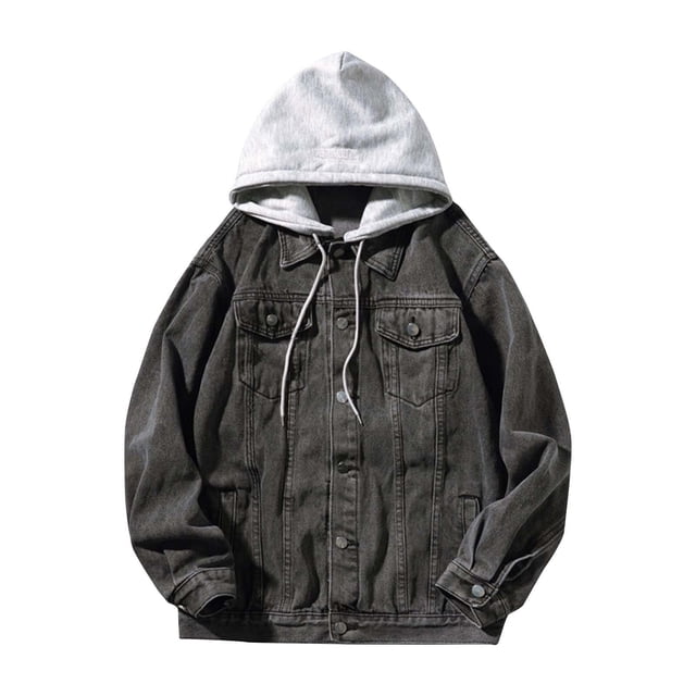 RKSTN Jackets for Men Fall Fashion Motorcycle Solid Color Button Pocket Long Sleeved Hooded Denim Jacket Mens Coats