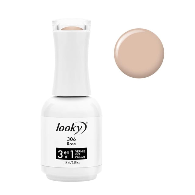 Looky 3-in-1 Gel Nail Polish 15ml in shade 306 Rose with white bottle and cap, showing a beige-pink gel polish swatch, combining base, color, and top coat for up to two weeks of chip-resistant, salon-quality finish with UV/LED curing.