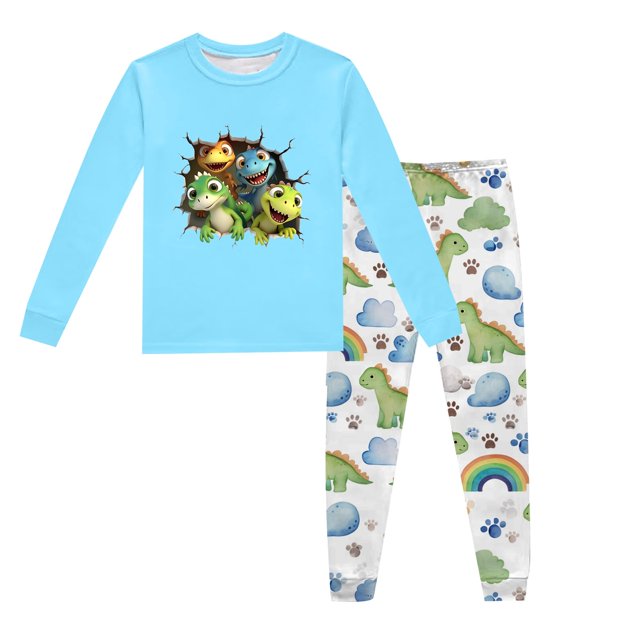 Pyjama Bebe Garcon Children's Dinosaur Printed Crew Neck Long Sleeve Top Pants 2 Piece Spring Fall Pajama Set Pyjama Bébé Light Blue 7 Years-8 Years