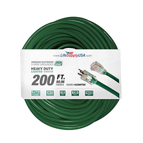 Rallonge de 200 Pi 14/3 SJTW avec Extrémité Éclairée - Vert - Intérieur / Extérieur Robuste Durabilité Supplémentaire 8 A 125 V 1000 Watts Homologuée par LifeSupplyUSA