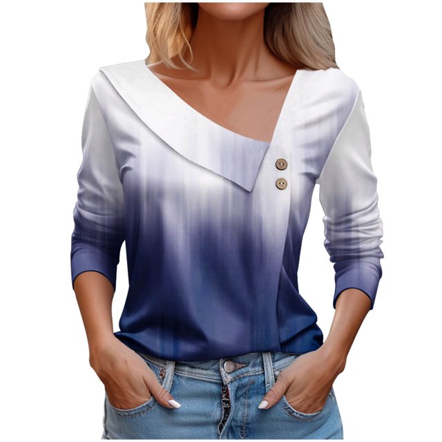 FAIWAD Long Sleeve V Neck Tops for Women Lapel Button Down Color Block Pullover Tunic Tops