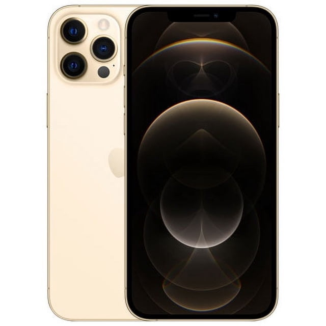 Téléphone Intelligent Déverrouillé Apple iPhone 12 Pro Max Remis à Neuf en État comme Neuf, Doté d'Un Écran Super Retina XDR de 6,7 Pouces avec Résolution 2778 x 1284, Système à Triple Caméra, Écran Céramique pour une Durabilité Accrue et Connectivité 5G pour des Téléchargements Haute Vitesse. le Téléphone Est Présenté en Fini Or avec Son avant et Arrière Visibles, Mettant en Valeur l'Écran OLED Tout-Écran, Bords en Acier Inoxydable de Qualité Chirurgicale, et Puce A14 Bionic pour des Performances Avancées.